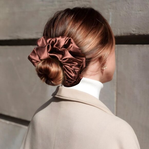 2 New Oversized Silky Hair Scrunchies Coffee Brown and Gray - Picture 2 of 2